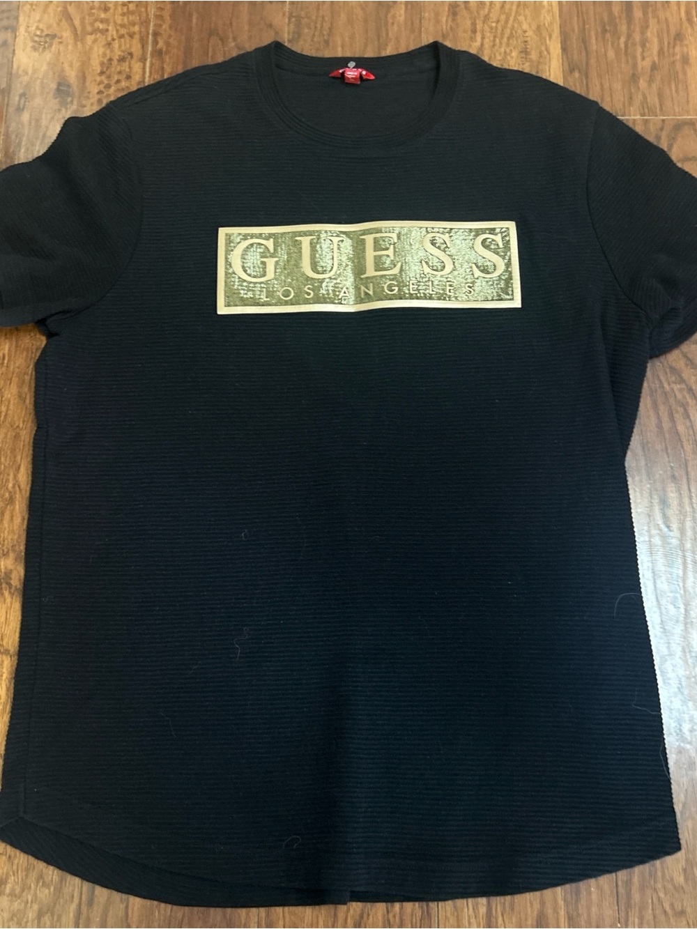 Guess Black Ribbed Tee with Red Label